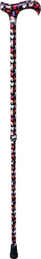 Zwarte wandelstok met handvat met veelkleurige kattenprint, staand op witte achtergrond.