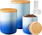 Voorraaddozen set keramiek met bamboe deksel, 3 stuks koffieblikjes met lepel en zeefjes, blauw