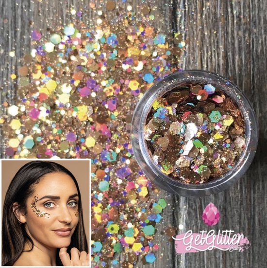 Foto: Getglitterbaby biologische biologisch afbreekbare gouden chunky festival glitters voor lichaam en gezicht biodegradable face body jewels glitterlijm gel glittergel goud gold