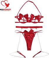 Red Velvet 3-delige Lingerie set - Diamond deluxe - Strikjes beha - Sexy slip - Buik en been versiering - Goede kwaliteit - Erotische lingerie set