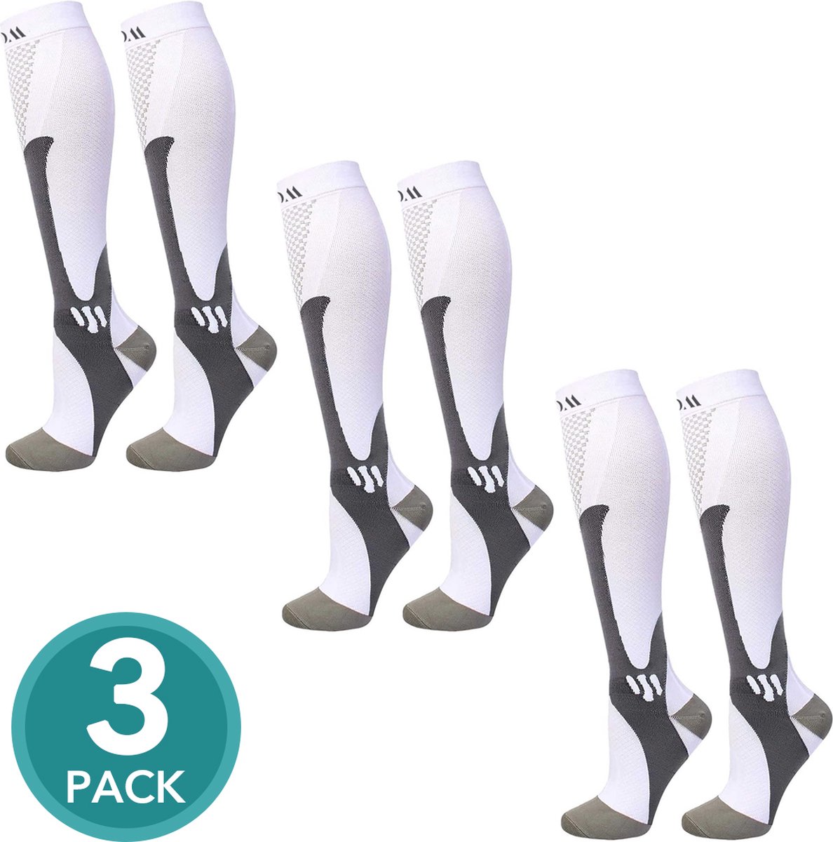 De Millennials - Compressiekousen voor heren en dames - 3 paar - Wit - Maat S/M - Maat 34-39 - Plantaire fasciitis kousen - uithoudingsvermo - voetbandage - compressiesokken - plantar fasciitis sokken - sport - fitness - hardlopen - doorbloeding -