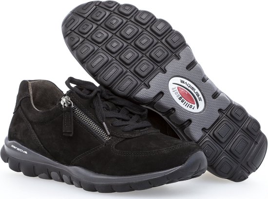 Zwarte Gabor dames sneaker met rits en veters, zool met 'rollingsoft' en 'sensitive' logo.