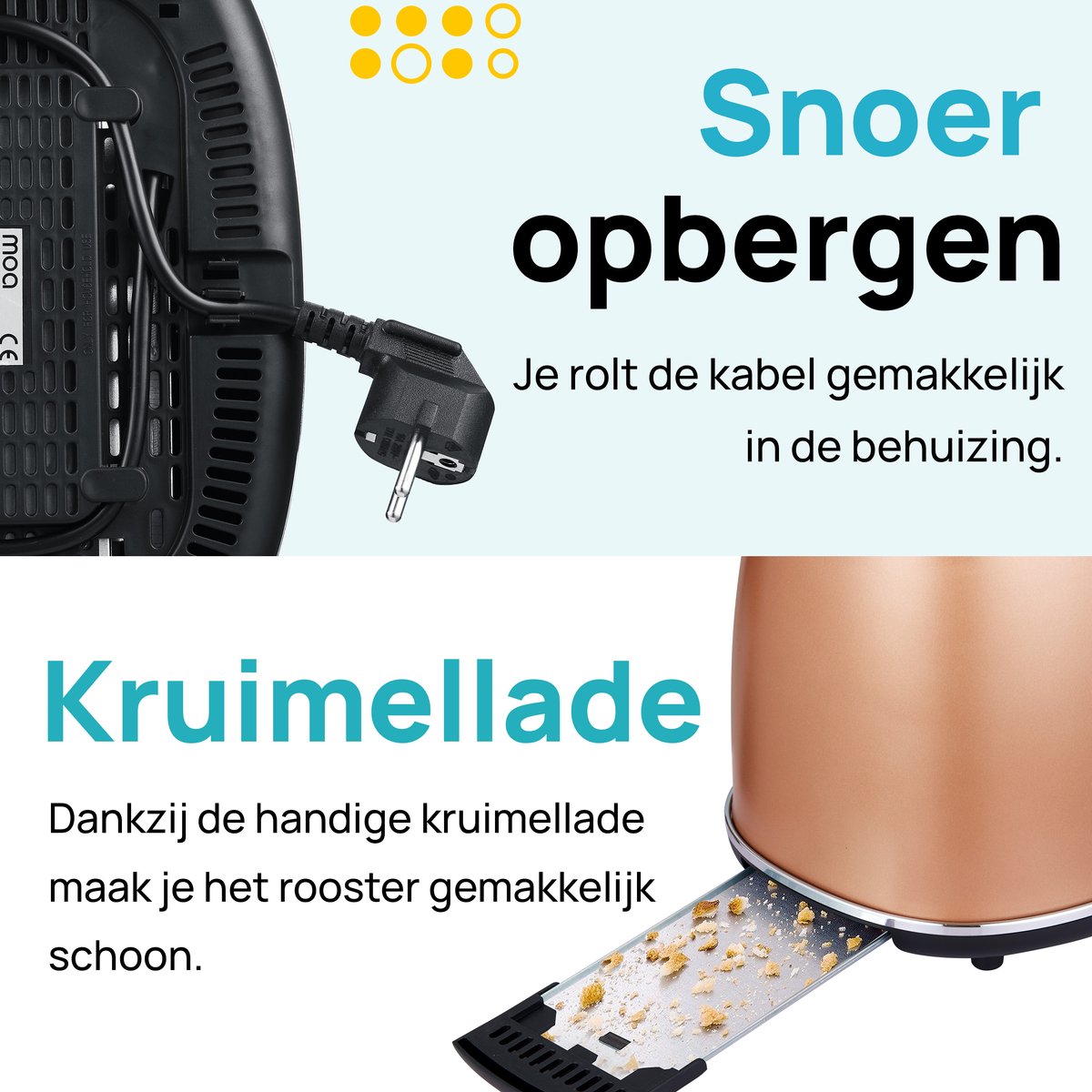 MOA Retro Broodrooster - Toaster met 2 Extra Bede Sleuven - 6 Warmteniveaus - BPA Vrij - 850W - Koper thumbnail 8