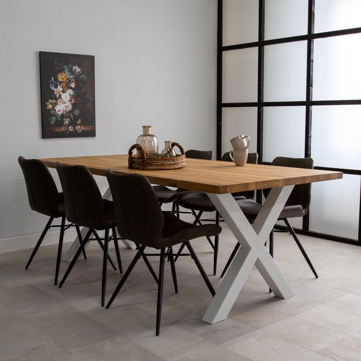 Dimehouse Eettafel Rover Eikenhout X-poot Wit 200 x 100 x 4 cm - Eikenhout - Industrieel -