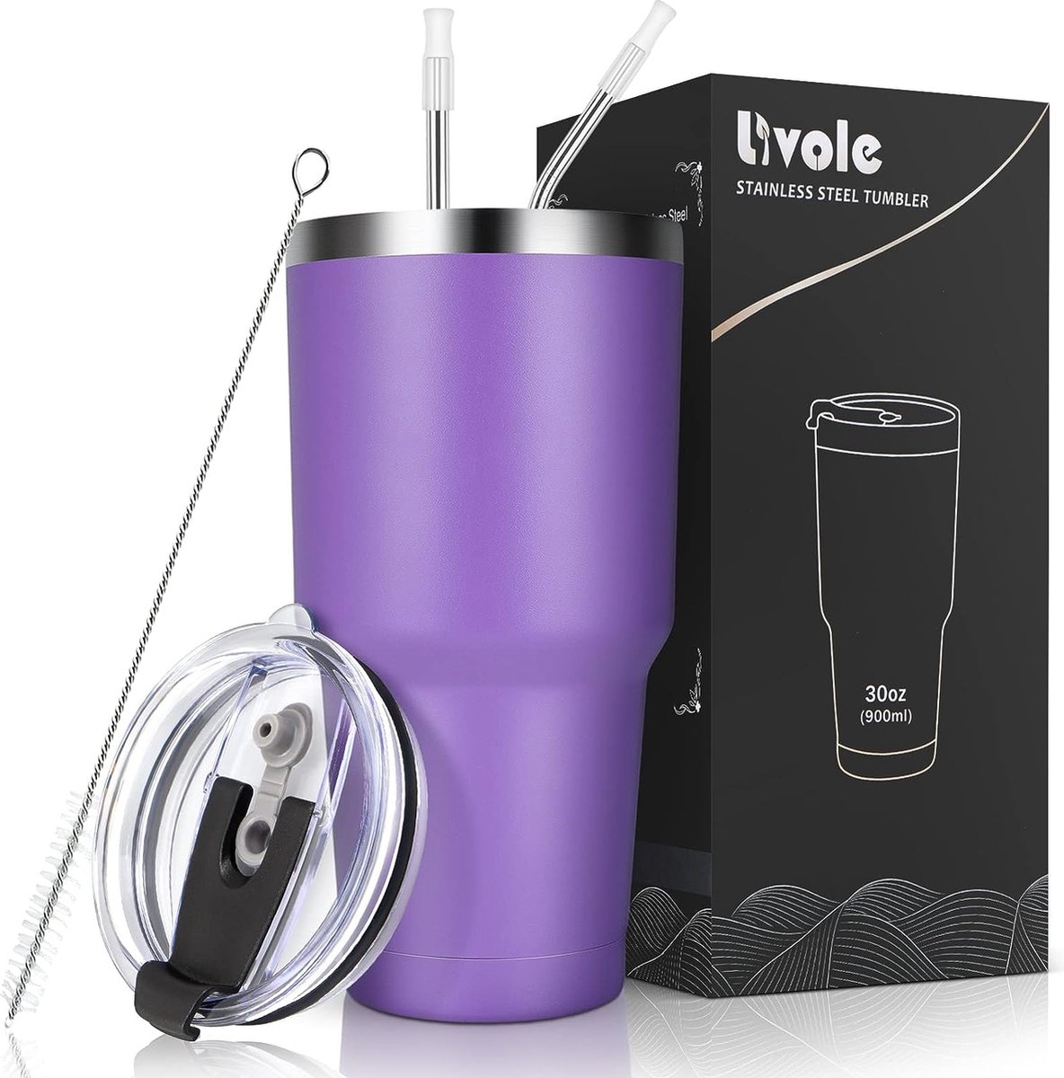 Image of 30oz 900ml drinkbeker voor mannen en vrouwen, thermobeker koffie to go, campingbeker, dubbelwandige roestvrijstalen beker met rietje, geïsoleerde vacuüm koffiemok, reisbeker, paars