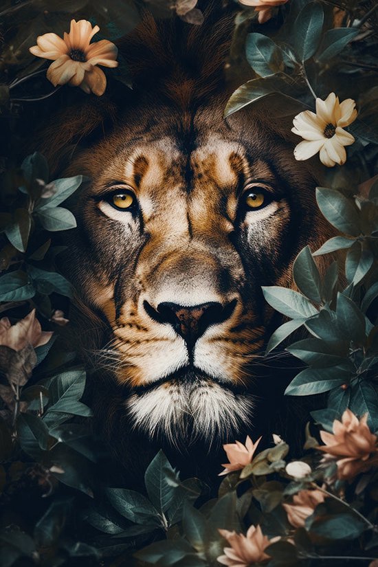 Leeuw tussen bloemen #6 poster - 60 x 90 cm
