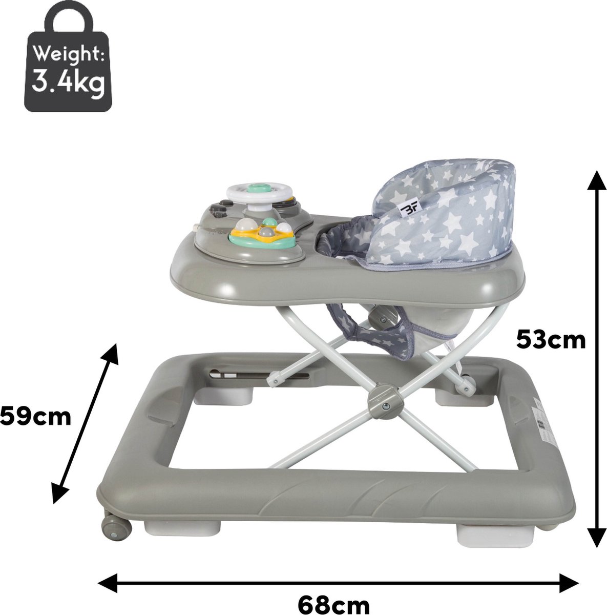 Bebies First Loopstoel / Baby Walker – Makkelijk in te klappen – In hoogte verstelbaar – Met afneembare speelset - Grijs – foto 7