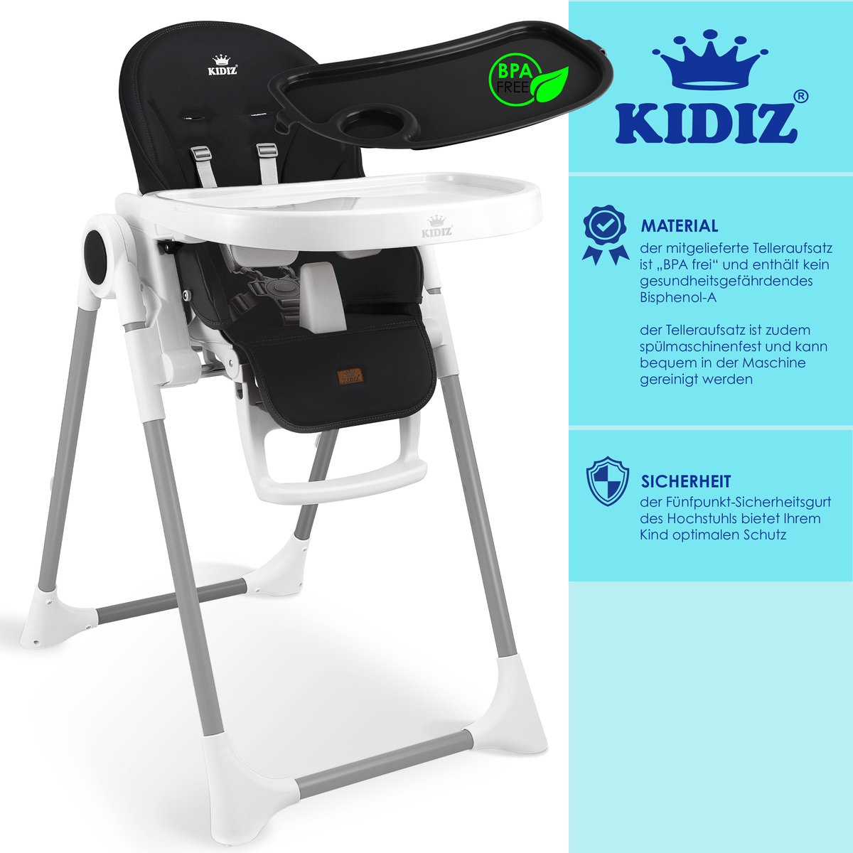 KIDIZ® 3in1 kinderstoel incl. speelbar, Eetstoel, Babystoel, combinatie kinderstoel, 7 in hoogte verstelbare rugleuning, meegroei van 0 maanden tot 6 jaar - Zwart thumbnail 4