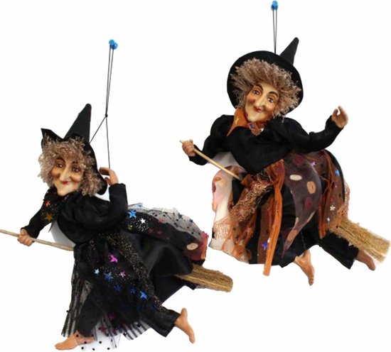 Set van 2x Halloween decoratie heksen pop op bezem - 30 cm - zwart/bruin
