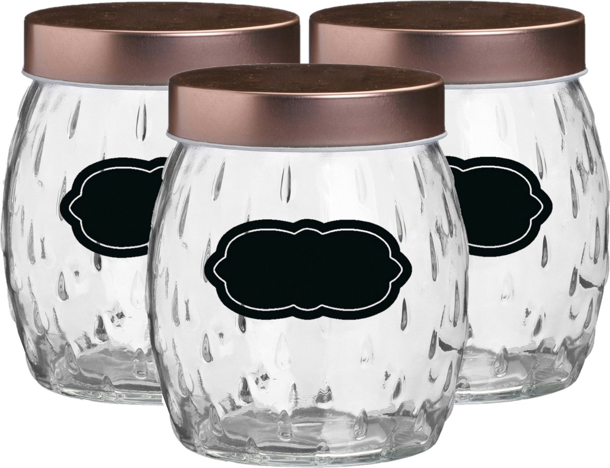 Voorraadpot/bewaarpot Beau - 6x - 1L - glas - koperen deksel - incl. etiketten