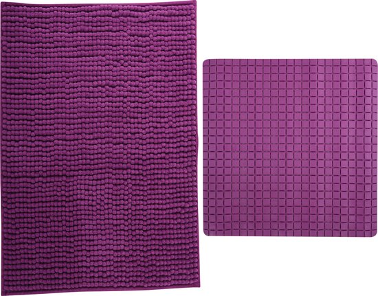 MSV Douche anti-slip mat en droogloop mat - Sevilla badkamer set - rubber/microvezel - paars
