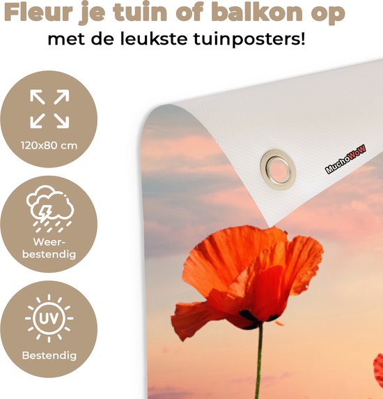 Tuinposter bloemen - Tuindecoratie klaprozen rood - 120x80 cm - Tuinschilderij voor buiten - Tuindoek zonsondergang - Wanddecoratie tuin - Schuttingdoek - Balkon decoratie - Muurdecoratie - Buitenschilderij
