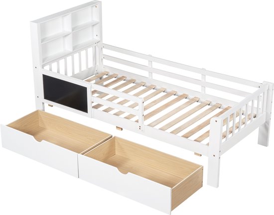 Merax Kinderbed 90*200 cm - Bed met Opbergruimte en Uitvalbeveiliging - Wit