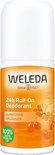 Weleda 24h Roll-On Deodorant Duindoorn Argousier met afbeelding van duindoornbessen en groene cirkel.