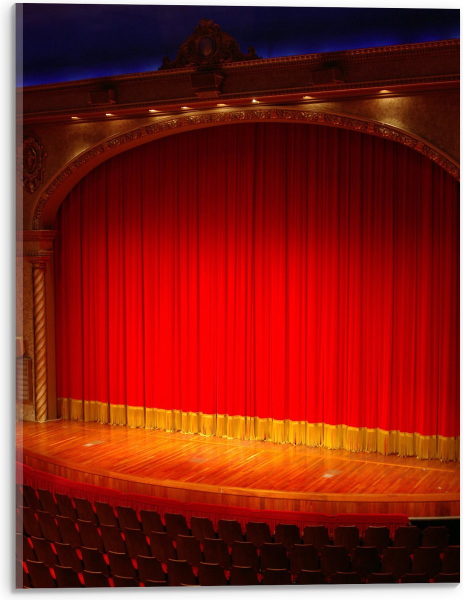 Acrylglas - Podium met Rode Theatergordijnen in Theater - 30x40 cm Foto op Acrylglas (Met Ophangsysteem)