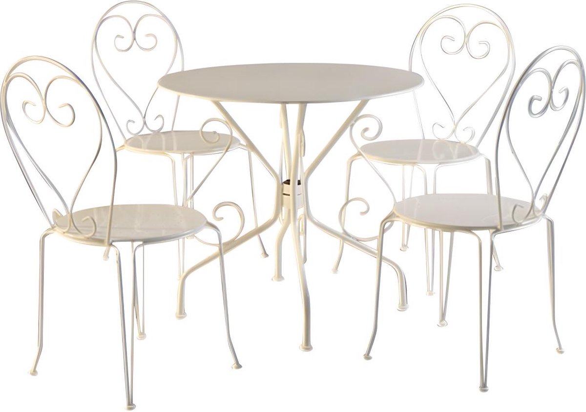 MYLIA Metalen tuineetset met smeedijzer aspect : een tafel en 4 stoelen - wit - GUERMANTES L 80 cm x H 90 cm x D 80 cm
