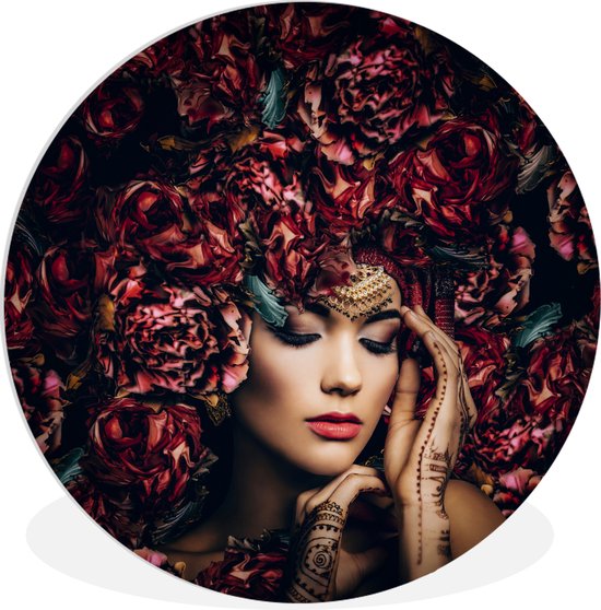 WallCircle - Wandcirkel ⌀ 60 - Vrouw - Bloemen - Henna - Portret - Ronde schilderijen woonkamer - Wandbord rond - Muurdecoratie cirkel - Kamer decoratie binnen - Wanddecoratie muurcirkel - Woonaccessoires