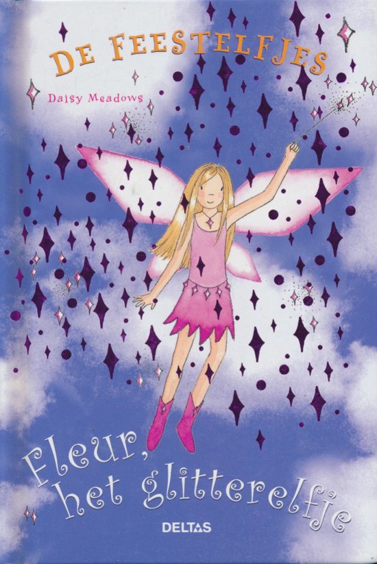 De FEESTELFJES Fleur, het glitterelfje. Een blond elfje met roze vleugels, een roze jurk en roze laarzen, vliegend tussen paarse ruiten en sterren.