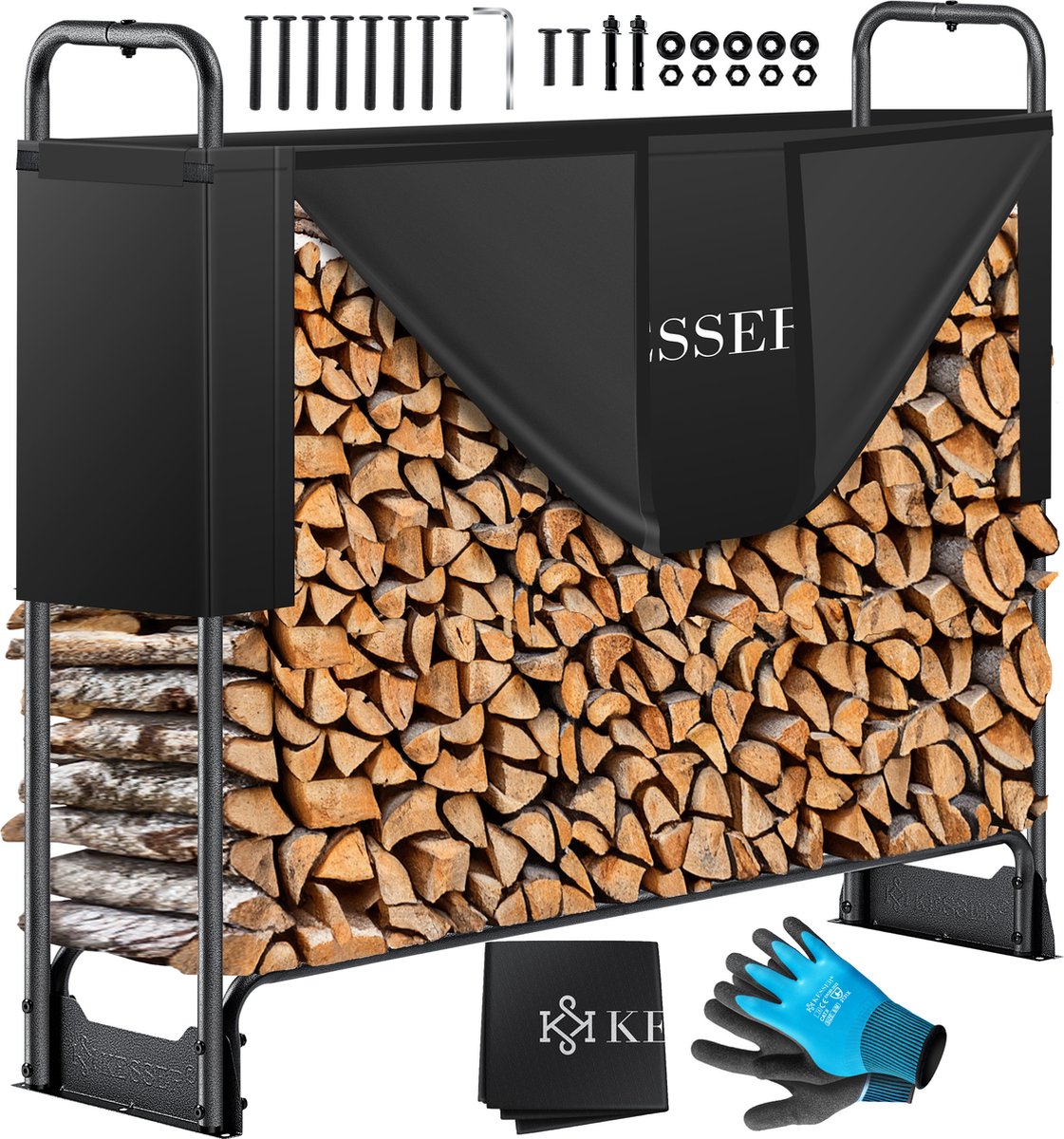 KESSER® Houtopslag voor Buiten - Metaal Houtrek 200kg Haardhout Opslag - Brandhout Rek met Stalen Frame + Afdekking & Handschoenen, Waterdichte Brandhoutrek Haardhoutrek - 130x36x117cm