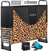 KESSER® Houtopslag voor Buiten - Metaal Houtrek 200kg Haardhout Opslag - Brandhout Rek met Stalen Frame + Afdekking & Handschoenen, Waterdichte Brandhoutrek Haardhoutrek - 130x36x117cm