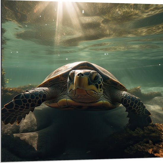 Dibond - Oog in Oog met Zeeschildpad - 80x80 cm Foto op Aluminium (Met Ophangsysteem)