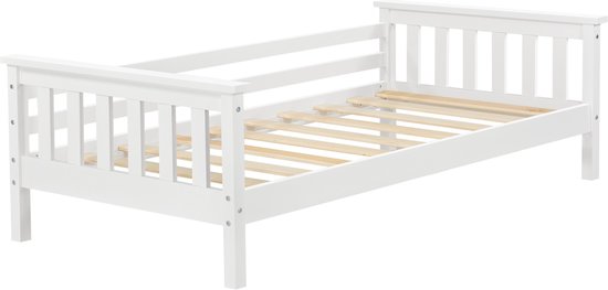 Kinderbed Brayan - Met bedbodem en valbeveiliging - 80x160 cm - Wit - Sparrenhout en Multiplex - Voor meisjes - Voor jongens