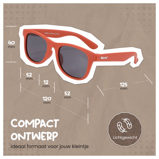 Oranje Maesy kinder zonnebril Lino met afmetingen: 40mm hoog, 52mm breed.