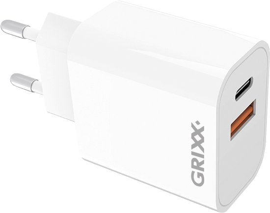 Grixx Charger Power Delivery 20W USB-C + USB-A Fast Charging White | Oplader | Snelle oplader