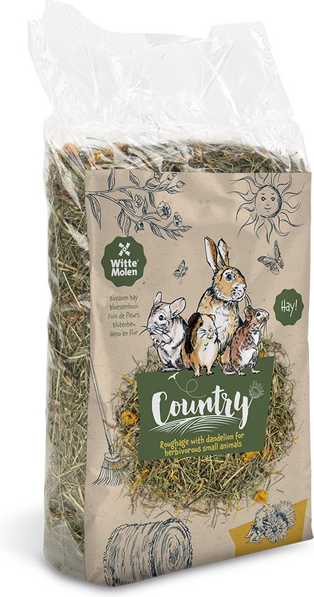 Zak Witte Molen Country hooi met paardenbloem, gedecoreerd met konijnen, zon en zonnebloem.