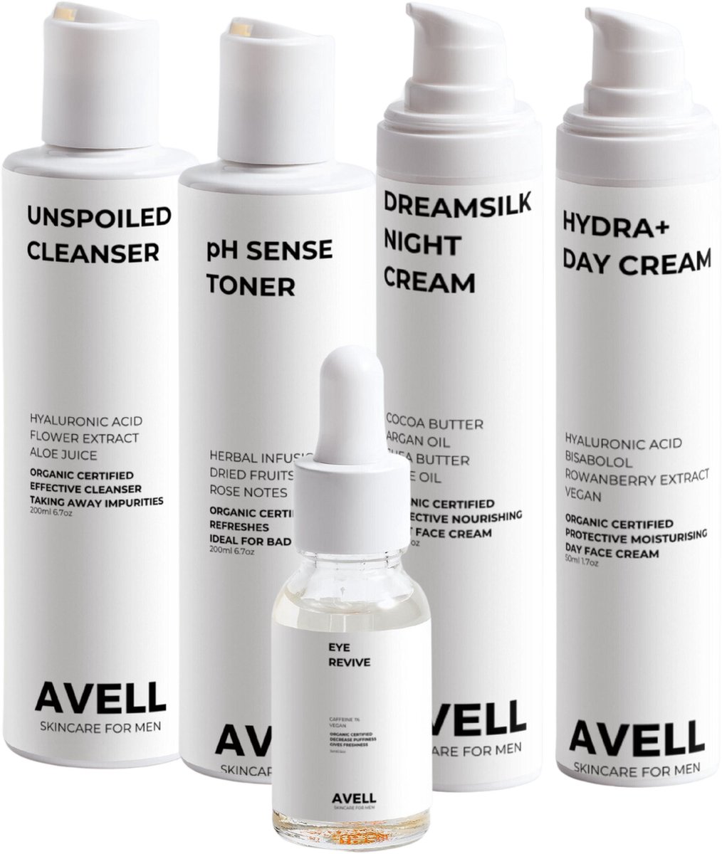 Avell Skincare - Alles-in-1 Pakket Gezichtsverzorging Mannen - Cleanser, Toner, Dagcreme, Nachtcreme, Oogcreme
