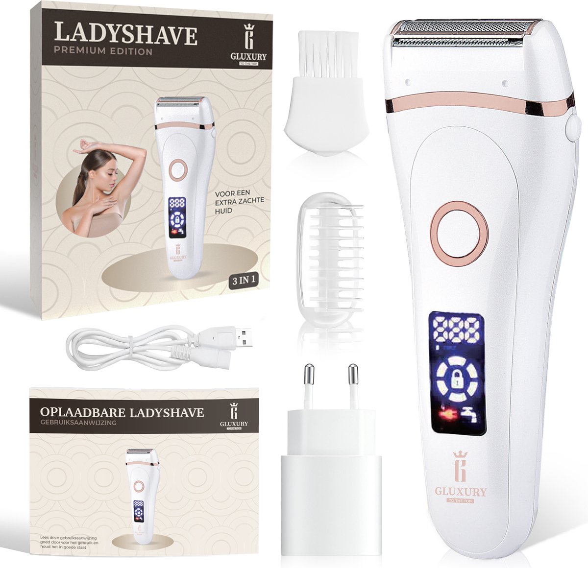 Gluxury 3-in-1 Ladyshave Pro voor Vrouwen Ontharingsapparaat Trimmer & Scheerapparaat Vrouw Ontharen Haarverwijderaar