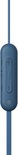 Blauwe control unit met volume- en afspeelknoppen op de kabel.