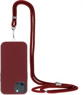 Hoesje met koord geschikt voor Apple iPhone 14 - Siliconen - Verstelbaar tot 1.5m - Gevlochten look - Roze Rood - Mobiparts