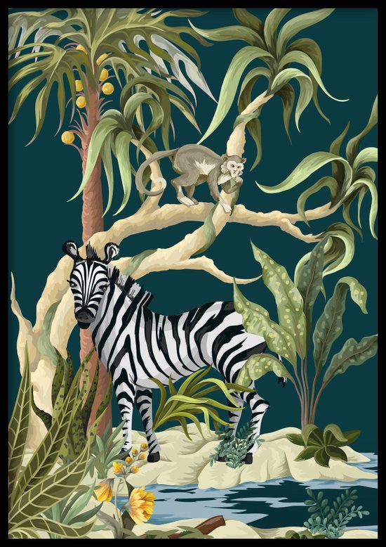Poster Jungle zebra - Kinderkamer poster - Babykamer poster - Dieren poster - Kinderkamer decoratie - 30x40 cm - Exclusief lijst - WALLLL