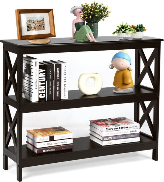 GIANTEX Industriële consoletafel, 3 niveaus, smalle rechthoekige tafel met 2 open kubussen en 1 onderste plank, metalen structuur, 120 x 23 x 79 cm, voor hal, woonkamer (bruin