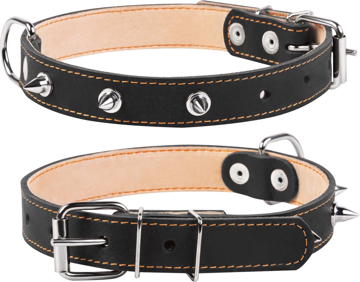 WAUDOG Classic Halsband / Hondenhalsband met Spikes - Leder - Zwart - Breedte: 25 mm - Nekomtrek: 38 - 50 cm (GELIEVE ALVORENS BESTELLEN OPMETEN)