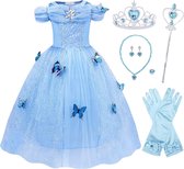 Prinsessenjurk meisje - Blauwe jurk met vlinders- maat 104/110 (110) - Het Betere Merk - Verkleedkleding meisje - Kroon - Tiara - Carnavalskleding Kind - Kleed - Lange handschoenen