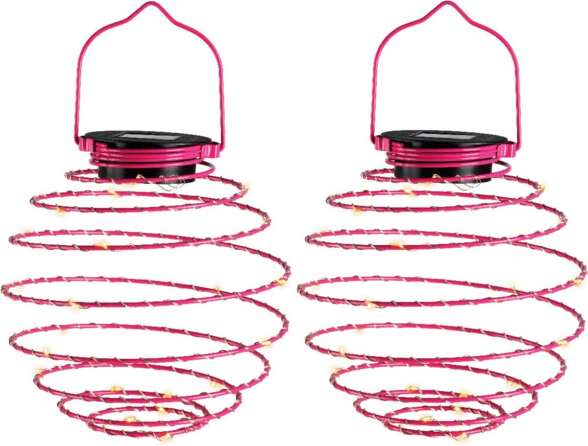 Lumineo Hanglamp - 2x - solar verlichting - fuchsia roze - D16 cm - metaal - tuinverlichting