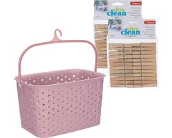 Wasknijpersmandje met ophanghaak - roze - en 48x houten wasknijpers 7 cm - was ophangen