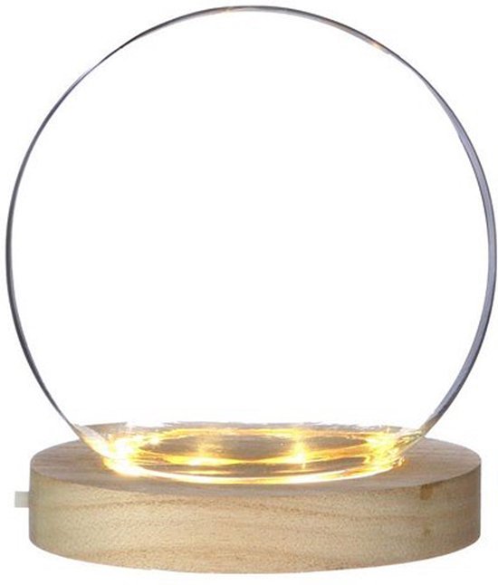 Idées 4 Seasons Décoration cloche - verre - plateforme en bois - éclairage LED - D13 x H13 cm