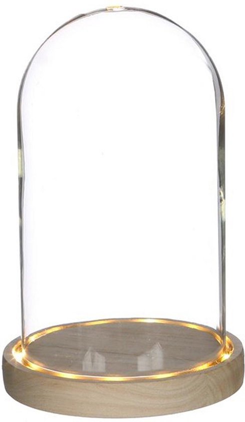 Ideas 4 Seasons Decoratie stolp - glas - houten plateau - LED verlichting - D14 x H21,5 cm