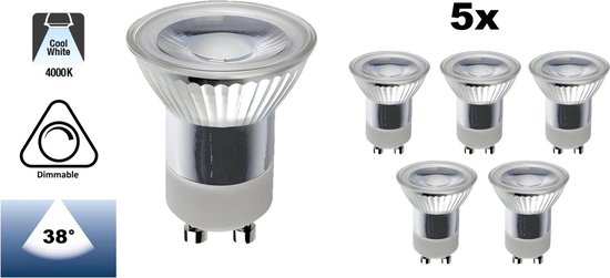 PACK 5 - Spot LED MR11 (35mm) GU10 3w, 300 Lumen, Wit Neutre 4000K, Glas, Intensité variable, Angle de faisceau : 38°