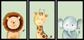Poster Leeuw, giraffe en olifant groen - Kinderkamer poster - Babykamer poster - Dieren poster - Kinderkamer decoratie - 21x30 cm - A4 - Exclusief lijsten - WALLLL