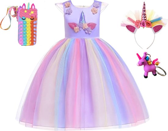 Unicorn jurk - Prinsessenjurk meisje - Fidget toys - Paarse jurk - Eenhoorn - Haarband - Het Betere Merk - maat 110(120) - Verkleedkleren Meisje - 3D Sleutelhanger