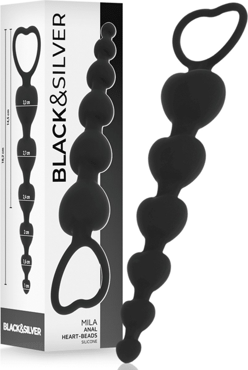 Goedkoopste BLACK and SILVER | Black and silver - Mila Silicone Anal Heart-beads 18 Cm