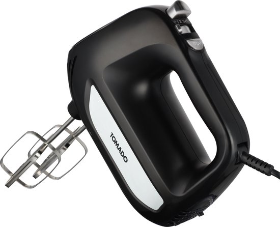 Zwarte Tomado handmixer met zilveren accent en snelheidsregelaar 0-6 en turbo.