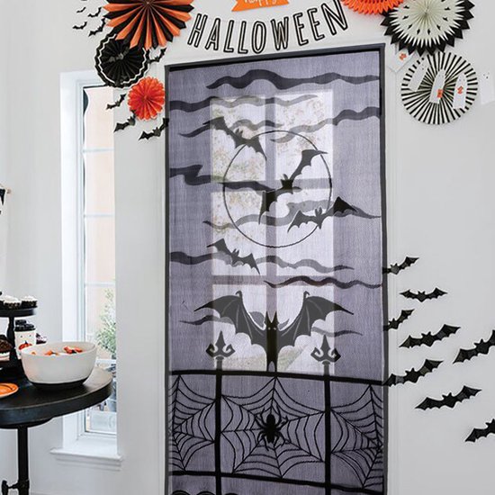 Halloween Deur Decoratie Halloween Versiering Skelet Deurgordijn Backdrop Feestversiering Zwart Vleermuis - 102 X 213 Cm