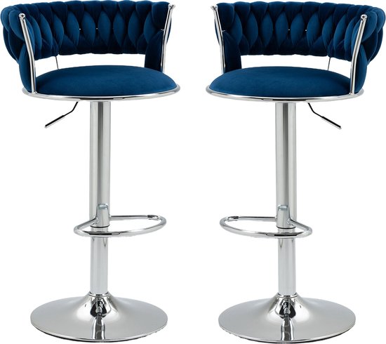 Merax Set de 2 Tabourets de bar de Luxe – Tabouret de bar – Chaise de bar avec repose-pieds et dossier – Blauw avec Argent