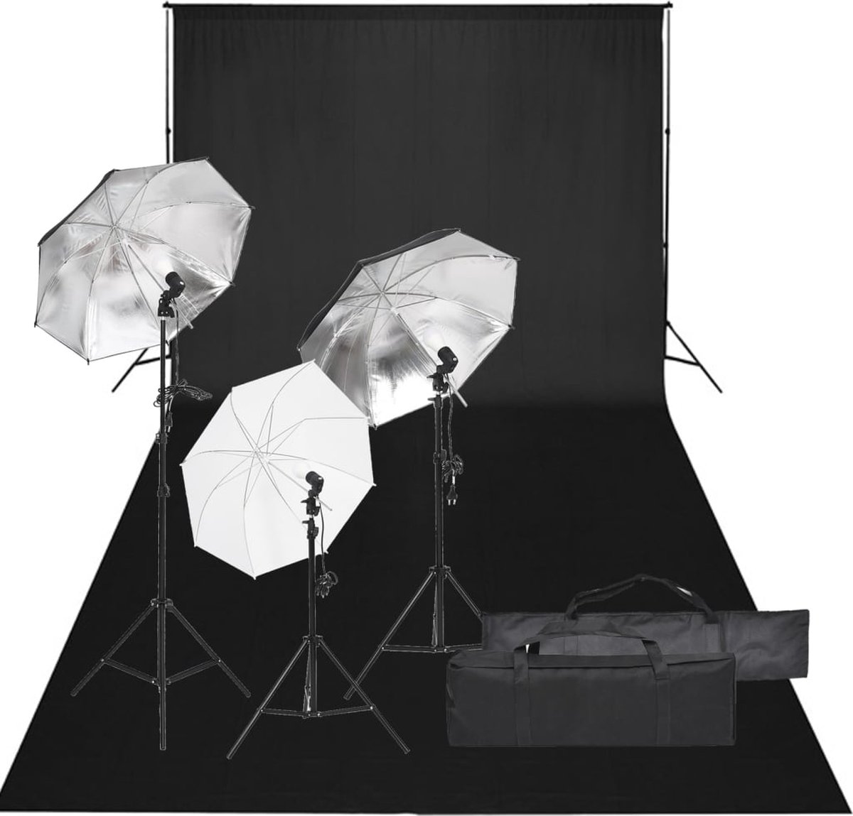 The Living Store Fotostudioset - Verlichtingsset met 3 paraplus - Flexibel achtergrondsysteem - 78-230 cm statieven - 600 x 300 cm zwarte achtergrond - 2 draagtassen