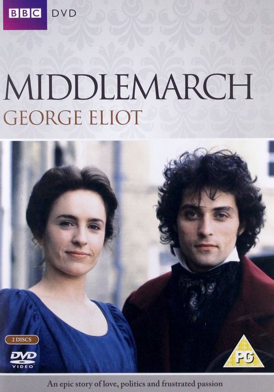 DVD-hoes van Middlemarch met George Eliot, met een close-up van een man en vrouw.